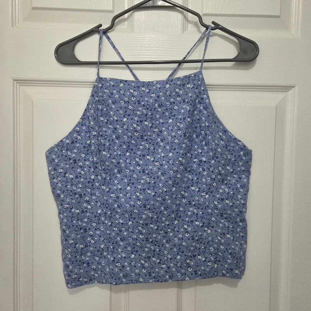 Abercrombie & Fitch Blue White Ditsy Floral Smocked Crop Linen Tank Top Sz Large - Picture 1 of 7